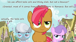 Size: 1152x648 | Tagged: safe, derpibooru import, babs seed, diamond tiara, silver spoon, insane pony thread, tesla coil