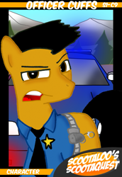 Size: 759x1101 | Tagged: safe, artist:ajmstudios, derpibooru import, oc, oc only, oc:officer cuffs, collector cards, officer cuffs, ponyville police, scootaloo's scootaquest cards, solo, trading card