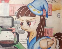 Size: 1934x1545 | Tagged: safe, artist:thewolfheart89, derpibooru import, wild fire, coffee, hat, morning ponies, nightcap, solo, tired, traditional art