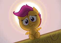 Size: 1280x914 | Tagged: safe, artist:hotdiggedydemon, derpibooru import, scootaloo, .mov, cute, frown, looking at you, looking down, pony.mov, sad, scootasad, solo, sun, swag.mov