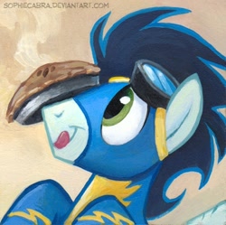 Size: 500x497 | Tagged: safe, artist:kenket, artist:spainfischer, derpibooru import, soarin', balancing, cute, pie, ponies balancing stuff on their nose, soarinbetes, solo, that pony sure does love pies, tongue out, wonderbolts uniform
