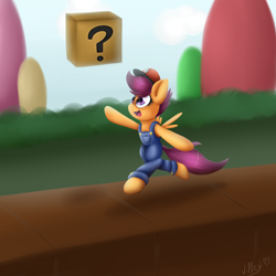 Size: 3000x3000 | Tagged: safe, artist:skybrush-viffex, derpibooru import, scootaloo, ? block, clothes, hat, high res, mario, nintendo, parody, solo, super mario bros.