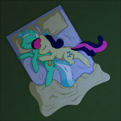 Size: 3000x3000 | Tagged: safe, artist:stinkehund, derpibooru import, bon bon, lyra heartstrings, sweetie drops, earth pony, pony, unicorn, bed, blanket, eyes closed, female, fluffy, grass, lesbian, lyrabon, night, outdoors, shipping, sleeping, smiling