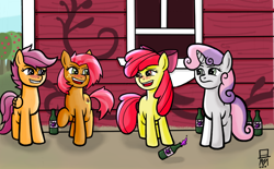 Size: 1272x787 | Tagged: safe, artist:mangameister, derpibooru import, apple bloom, babs seed, scootaloo, sweetie belle, blushing, cutie mark crusaders, drunk, drunkaloo, drunker babs, drunker belle, drunker bloom, drunker cmc, drunkie belle, underaged drinking