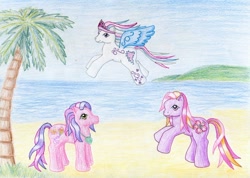 Size: 1024x729 | Tagged: safe, artist:normaleeinsane, skywishes, star catcher, twinkle twirl, g3, beach, traditional art