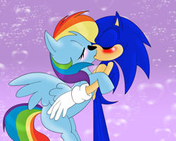 Size: 1875x1502 | Tagged: safe, artist:leylahshan, derpibooru import, pony, blushing, crossover, crossover shipping, female, heart, interspecies, kissing, love, male, request, shipping, sonic the hedgehog, sonic the hedgehog (series), sonicdash, straight