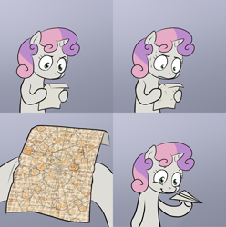 Size: 1968x1984 | Tagged: safe, pony, unicorn, bipedal, elder scroll, exploitable meme, female, filly, gradient background, hoof hold, horn, letter, meme, paper, paper airplane, plane, solo, sweetie's note meme, the elder scrolls, two toned hair, white coat