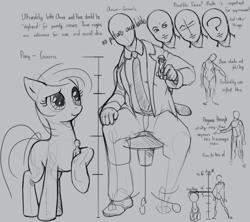 Size: 1182x1049 | Tagged: artist needed, safe, derpibooru import, oc, oc only, oc:anon, earth pony, human, pony, unicorn, /mlp/, anon in equestria, clothes, female, jewelry, mare, necklace, scrunchy face, sitting, size chart, sketch, suit