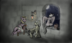 Size: 793x476 | Tagged: safe, artist:scalybeing, derpibooru import, bible, lantern, night, pot, sad