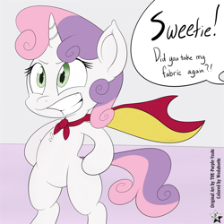 Size: 4500x4500 | Tagged: safe, artist:purple-yoshi-draws, artist:wodahseht, color edit, sweetie belle, pony, absurd resolution, bipedal, cape, clothes, dialogue, grin, offscreen character, solo, speech bubble