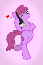 Size: 1066x1600 | Tagged: safe, artist:jepso, derpibooru import, berry punch, berryshine, pony, belly button, bipedal, bottle, heart, pinot noir (wine), product placement, wine, wink, word of faust