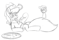 Size: 1025x694 | Tagged: safe, artist:zanezandell, derpibooru import, beauty brass, fiddlesticks, apple family member, eating, food, meat, monochrome, pepperoni, pepperoni pizza, pizza