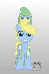 Size: 700x1050 | Tagged: safe, artist:gil-hushpond, derpibooru import, oc, oc only, oc:malin, oc:sonja, accessory swap, beanie, clothes, hat, socks, towel