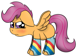 Size: 1519x1121 | Tagged: safe, artist:thexiiilightning, derpibooru import, scootaloo, blushing, clothes, cute, grumpy, socks, solo, striped socks