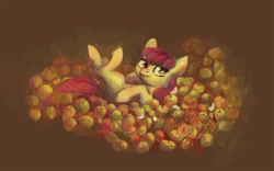 Size: 2020x1259 | Tagged: safe, artist:nayshie, derpibooru import, apple bloom, apple, pile, solo