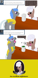 Size: 986x1981 | Tagged: safe, artist:hakar-kerarmor, derpibooru import, oc, oc:bastion, spider, alfalfa, ask four inept guardponies, chef excellence, royal guard