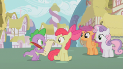 Size: 853x480 | Tagged: safe, derpibooru import, screencap, apple bloom, scootaloo, spike, sweetie belle, dragon, the cutie pox, cutie mark crusaders