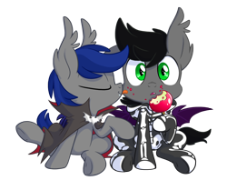 Size: 2000x1668 | Tagged: safe, artist:equestria-prevails, derpibooru import, oc, oc only, oc:aux, oc:hekesuh, bat pony, pony, apple, clothes, colt, costume, cute, dracula, gay, licking, male, nightmare night costume, shipping, simple background, skeleton costume, transparent background, trap, younger