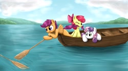 Size: 2946x1633 | Tagged: safe, artist:otakuap, apple bloom, scootaloo, sweetie belle, boat, cutie mark crusaders, oar, water