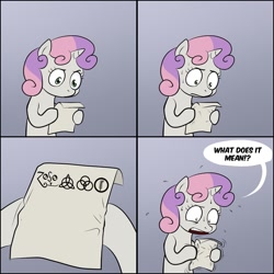 Size: 1280x1280 | Tagged: safe, sweetie belle, pony, unicorn, album cover, bipedal, comic, dialogue, exploitable meme, female, filly, gradient background, hoof hold, horn, led zeppelin, letter, meme, note, paper, solo, speech bubble, sweetie's note meme, two toned hair, two toned mane, white coat