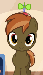 Size: 627x1080 | Tagged: safe, artist:jan, button mash, earth pony, pony, animated, button's adventures, buttonbetes, colt, cute, gif, hat, high score, looking at you, male, propeller hat, smiling, solo, youtube link