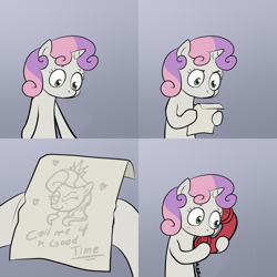 Size: 2000x2000 | Tagged: safe, edit, diamond tiara, sweetie belle, pony, unicorn, bipedal, blushing, call me for a good time, comic, exploitable meme, female, filly, gradient background, hoof hold, horn, letter, meme, note, paper, phone, shipping, solo, sweetie's note meme, two toned hair, white coat