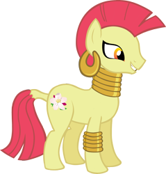 Size: 2782x2912 | Tagged: artist needed, safe, derpibooru import, apple bloom, zecora, zebra, ear piercing, earring, female, jewelry, leg rings, mare, neck rings, piercing, simple background, solo, species swap, transparent background, vector, zebrafied