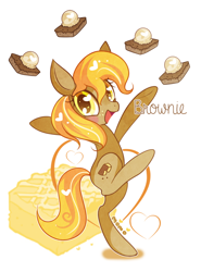 Size: 730x986 | Tagged: safe, oc, oc only, oc:brownie, earth pony, bipedal, dessert, female, food, mare, open mouth, raised hooves, signature, smiling, spread hooves, text