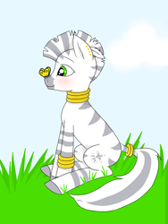 Size: 768x1024 | Tagged: safe, artist:sashikuchan, derpibooru import, oc, oc only, butterfly, zebra, blushing, grass, solo