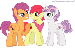 Size: 2132x1472 | Tagged: safe, artist:jaquelindreamz, apple bloom, applebuck, scootaloo, scooteroll, silver bell, sweetie belle, cutie mark crusaders, older, rule 63