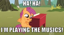 Size: 743x416 | Tagged: safe, edit, edited screencap, screencap, scootaloo, the show stoppers, caption, ha! ha! guy, image macro, meme, piano, solo