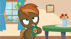 Size: 854x467 | Tagged: safe, derpibooru import, screencap, button mash, earth pony, pony, button's adventures, colt, foal, hooves, juice, juice box, male, meme, ponyville, solo, window, youtube caption