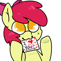 Size: 1000x1000 | Tagged: safe, artist:pegacornss, derpibooru import, apple bloom, :3, adorabloom, cute, heart, mouth hold, note, paper, solo