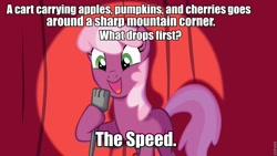 Size: 960x540 | Tagged: safe, cheerilee, earth pony, pony, cheerilee pun, curtain, exploitable meme, female, green eyes, mare, meme, microphone, open mouth, smiling, solo, spotlight, stand-up comedy, text, two toned mane, two toned tail