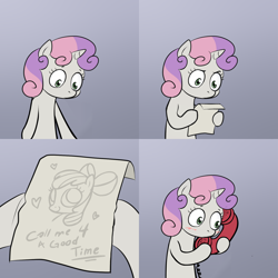 Size: 2000x2000 | Tagged: safe, apple bloom, sweetie belle, pony, unicorn, bipedal, blushing, call me for a good time, comic, exploitable meme, female, filly, gradient background, hoof hold, horn, letter, meme, paper, phone, shipping, solo, sweetie's note meme, two toned hair, white coat