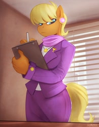Size: 921x1183 | Tagged: safe, artist:scappo, ms. harshwhinny, anthro, earth pony, clipboard, clothes, cougar, ear piercing, female, looking at you, piercing, solo