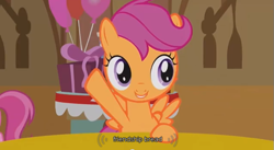 Size: 637x350 | Tagged: safe, derpibooru import, screencap, scootaloo, friendship is witchcraft, bread, cute from the hip, solo, youtube caption