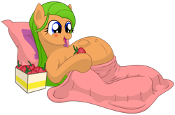 Size: 6375x4200 | Tagged: safe, artist:xniclord789x, derpibooru import, oc, oc only, absurd resolution, belly button, blanket, blushing, kicking, pillow, pregnant, simple background, solo, strawberry, transparent background