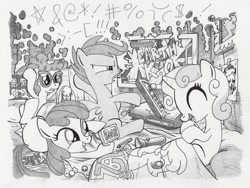 Size: 1608x1207 | Tagged: safe, artist:lumdrop, derpibooru import, apple bloom, scootaloo, sweetie belle, twist, censored vulgarity, cutie mark crusaders, flashlight (object), glasses, grawlixes, rage quit, soap, ultimate marvel vs capcom 3, video game