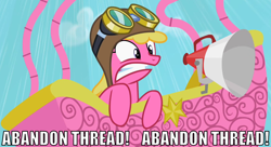 Size: 1150x625 | Tagged: safe, edit, edited screencap, screencap, cherry berry, the mysterious mare do well, abandon thread, aviator hat, balloon, caption, goggles, hat, hot air balloon, image macro, megaphone, reaction image, solo, twinkling balloon