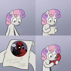 Size: 2000x2000 | Tagged: safe, sweetie belle, pony, unicorn, bipedal, call me for a good time, deadpool, exploitable meme, female, filly, gradient background, hoof hold, horn, letter, meme, paper, solo, sweetie's note meme, two toned hair, white coat