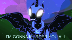 Size: 640x360 | Tagged: safe, derpibooru import, edit, edited screencap, screencap, nightmare moon, alicorn, pony, luna eclipsed, evil, glowing eyes, image macro, murder, night, nightmare moon glamour, solo