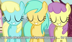 Size: 900x525 | Tagged: safe, edit, edited screencap, screencap, parasol, sassaflash, sunshower raindrops, a friend in deed, background pony, caption, image macro, reaction image, smile song, smiling