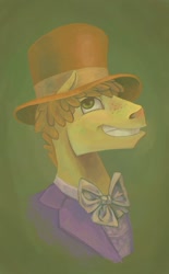 Size: 1300x2100 | Tagged: safe, artist:exclusionzone, artist:somepony77212, derpibooru import, carrot cake, bowtie, bust, clothes, crossover, grin, hat, portrait, smiling, solo, suit, top hat, willy wonka