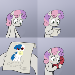 Size: 2000x2000 | Tagged: safe, sweetie belle, oc, oc:roboshi, pony, unicorn, bipedal, call me for a good time, exploitable meme, female, filly, gradient background, hoof hold, horn, letter, meme, paper, solo, sweetie's note meme, two toned hair, white coat