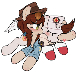 Size: 872x806 | Tagged: safe, artist:psychocat-h, derpibooru import, blushing, glasses, hat, medic, ponified, rule 63, sniper, team fortress 2