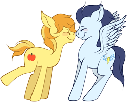 Size: 787x634 | Tagged: safe, artist:legalese, derpibooru import, braeburn, soarin', earth pony, pegasus, pony, :t, blush sticker, blushing, boop, braebetes, cute, eyes closed, floppy ears, gay, male, noseboop, nuzzling, raised leg, shipping, simple background, smiling, soarburn, soarinbetes, spread wings, stallion, transparent background, wings