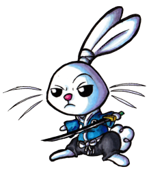 Size: 830x864 | Tagged: safe, artist:darkone10, derpibooru import, angel bunny, crossover, miyamoto usagi, samurai, solo, sword, usagi yojimbo