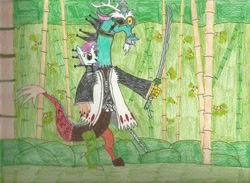 Size: 2322x1698 | Tagged: safe, artist:snowblitz227, derpibooru import, discord, sweetie belle, bleach (manga), crossover, ponified, sword, traditional art, weapon, yachiru kusajishi, zaraki kenpachi