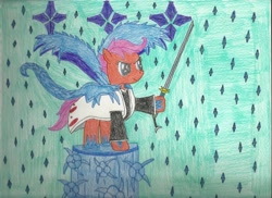 Size: 1024x744 | Tagged: safe, artist:snowblitz227, derpibooru import, scootaloo, bleach (manga), crossover, hitsugaya toshiro, ponified, solo, sword, traditional art, weapon